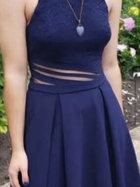 Speechless Navy Lace Halter Midi Dress with Sheer Waist